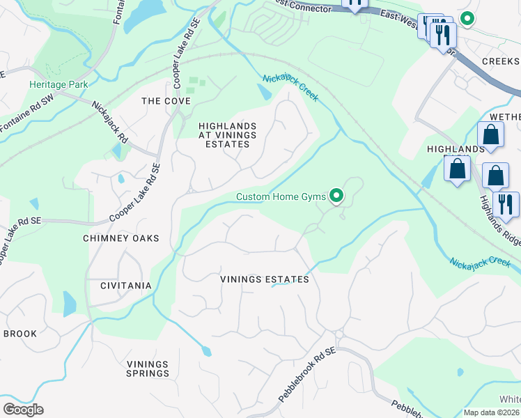map of restaurants, bars, coffee shops, grocery stores, and more near 5056 Vinings Estates Court Southeast in Mableton