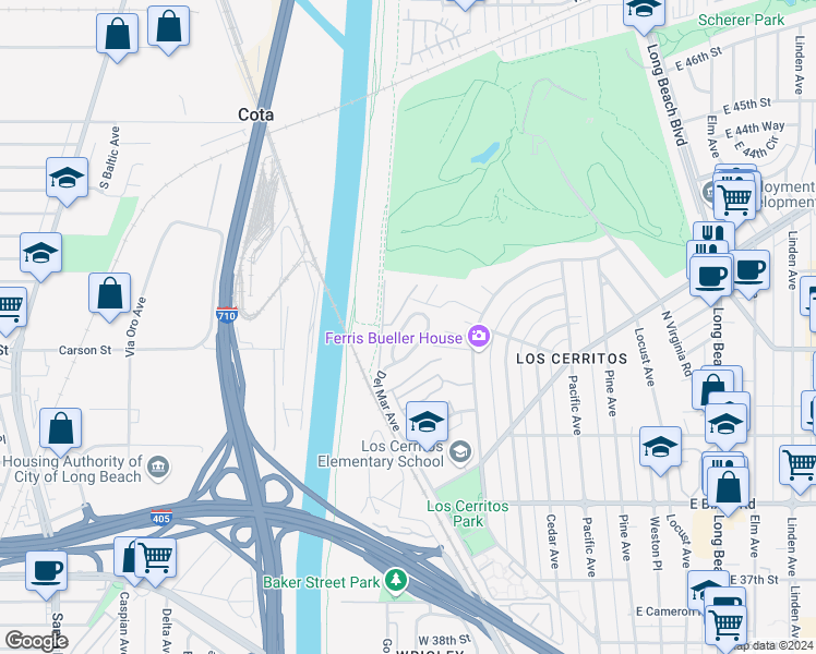 map of restaurants, bars, coffee shops, grocery stores, and more near 4167 Del Mar Avenue in Long Beach