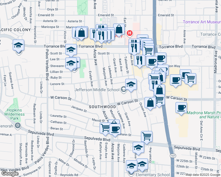 map of restaurants, bars, coffee shops, grocery stores, and more near 21606 Marjorie Avenue in Torrance