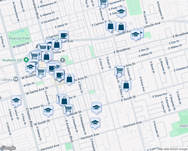 map of restaurants, bars, coffee shops, grocery stores, and more near 503 South Casita Street in Anaheim
