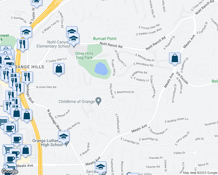 map of restaurants, bars, coffee shops, grocery stores, and more near 3033 East Echo Hill Way in Orange