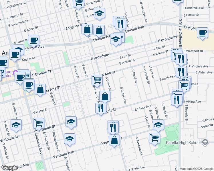 map of restaurants, bars, coffee shops, grocery stores, and more near 537 South Dawn Street in Anaheim