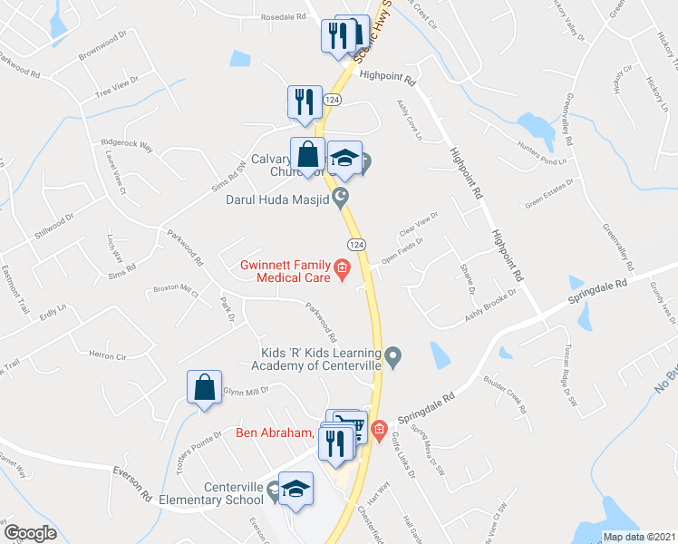 map of restaurants, bars, coffee shops, grocery stores, and more near 2815 Centerville Highway in Snellville