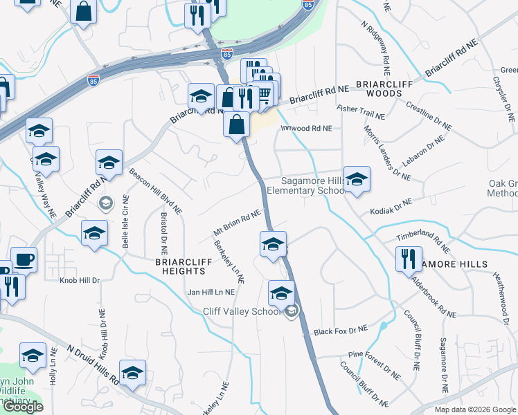 map of restaurants, bars, coffee shops, grocery stores, and more near 2612 Clairmont Road in Atlanta