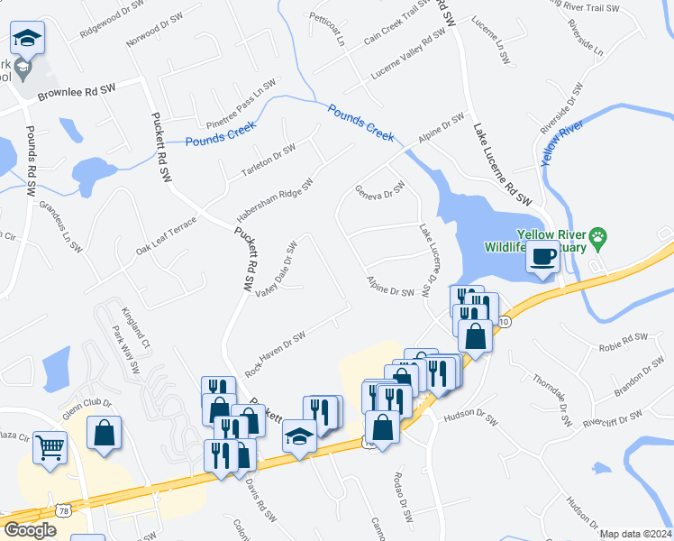 map of restaurants, bars, coffee shops, grocery stores, and more near 4751 Valley Dale Drive Southwest in Lilburn
