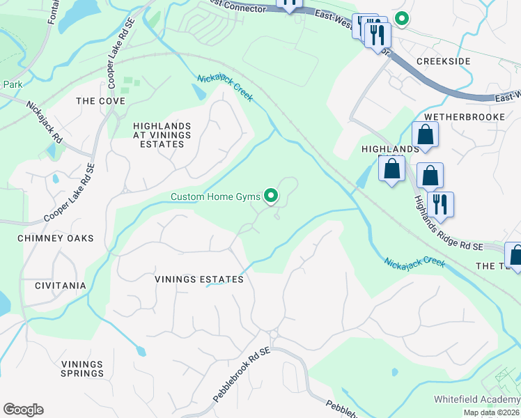 map of restaurants, bars, coffee shops, grocery stores, and more near 614 Vinings Estates Drive Southeast in Mableton