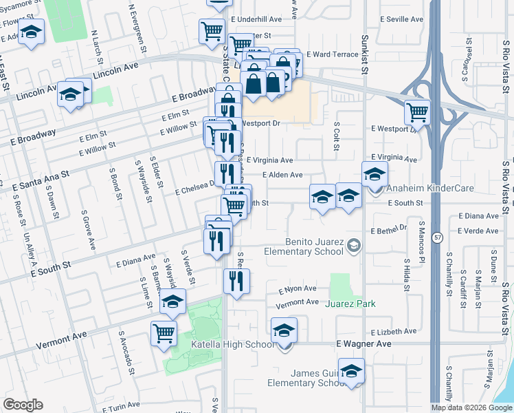 map of restaurants, bars, coffee shops, grocery stores, and more near 700 South Plymouth Place in Anaheim