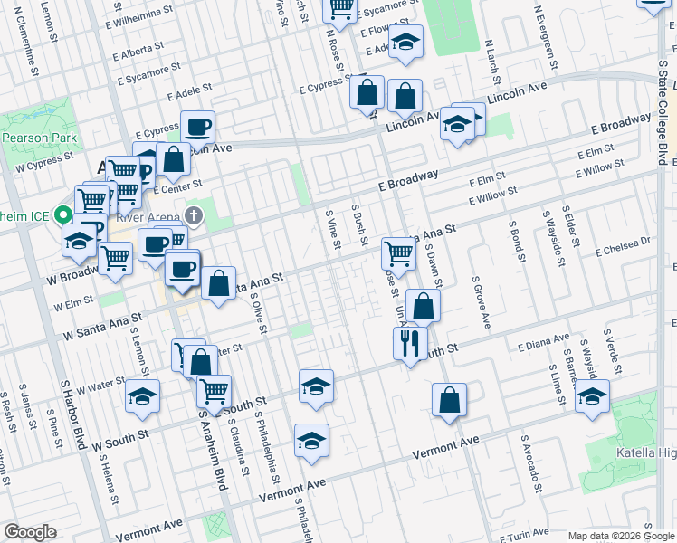 map of restaurants, bars, coffee shops, grocery stores, and more near 527 S Motif Street in Anaheim