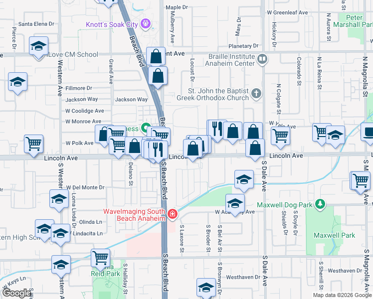 map of restaurants, bars, coffee shops, grocery stores, and more near 2943 West Lincoln Avenue in Anaheim