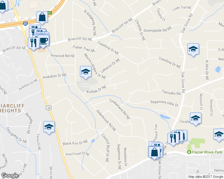 map of restaurants, bars, coffee shops, grocery stores, and more near 1732 Kodiak Circle in Atlanta