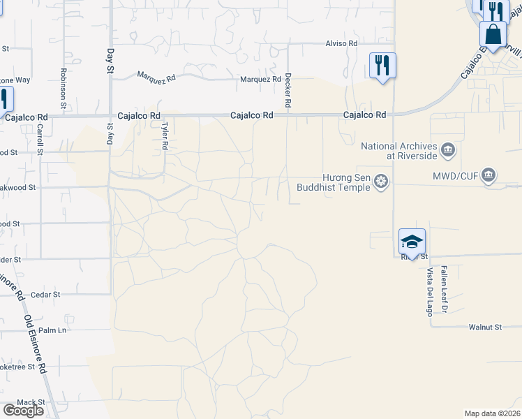 map of restaurants, bars, coffee shops, grocery stores, and more near 22647 Cajalco Road in Perris