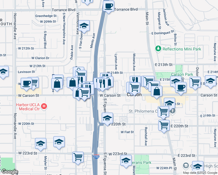 map of restaurants, bars, coffee shops, grocery stores, and more near 21602 South Figueroa Street in Carson