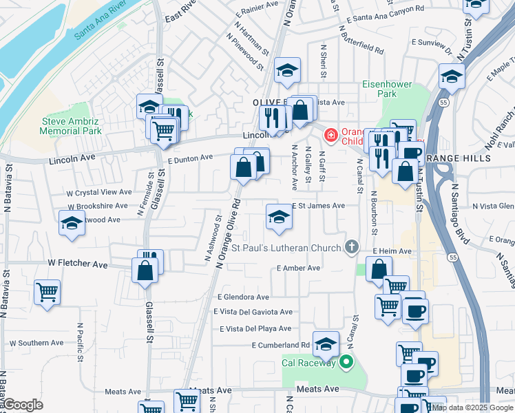 map of restaurants, bars, coffee shops, grocery stores, and more near 2620 North Dunbar Street in Orange