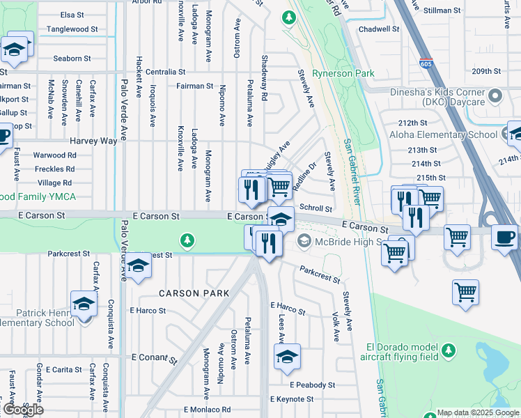 map of restaurants, bars, coffee shops, grocery stores, and more near 6819 East Carson Street in Lakewood