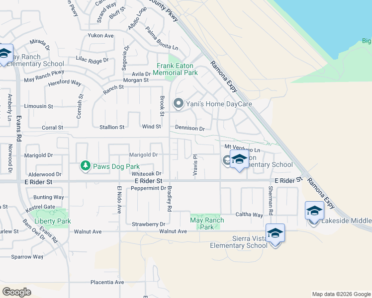 map of restaurants, bars, coffee shops, grocery stores, and more near 3353 Wind Chime Lane in Perris