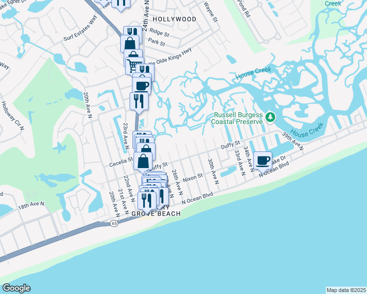 map of restaurants, bars, coffee shops, grocery stores, and more near 411 28th Avenue North in North Myrtle Beach