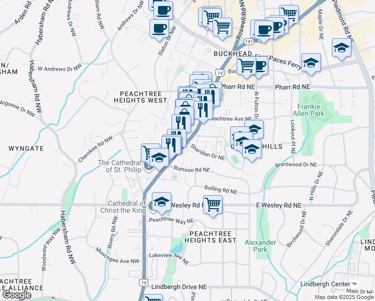 map of restaurants, bars, coffee shops, grocery stores, and more near 2855 Peachtree Road in Atlanta