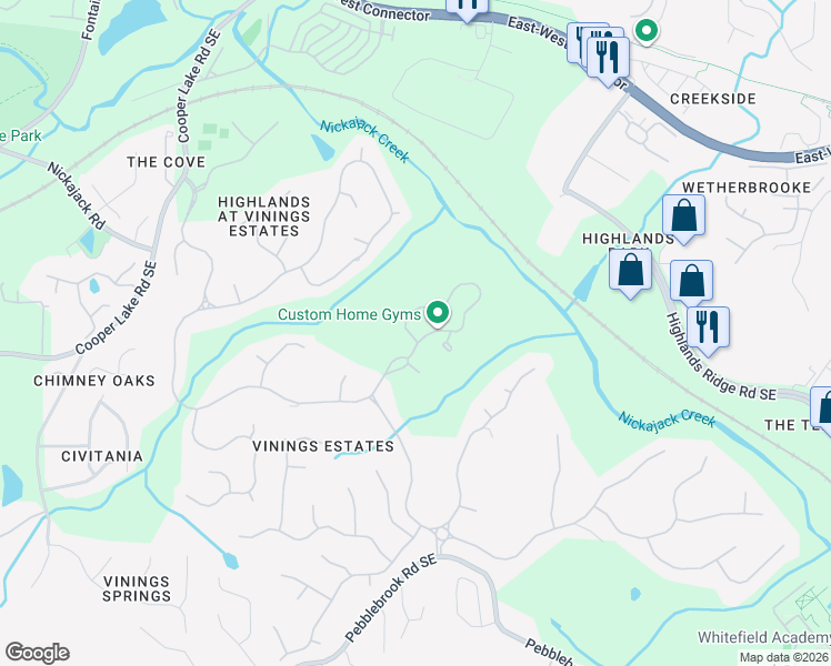 map of restaurants, bars, coffee shops, grocery stores, and more near 458 Vinings Estates Drive Southeast in Mableton