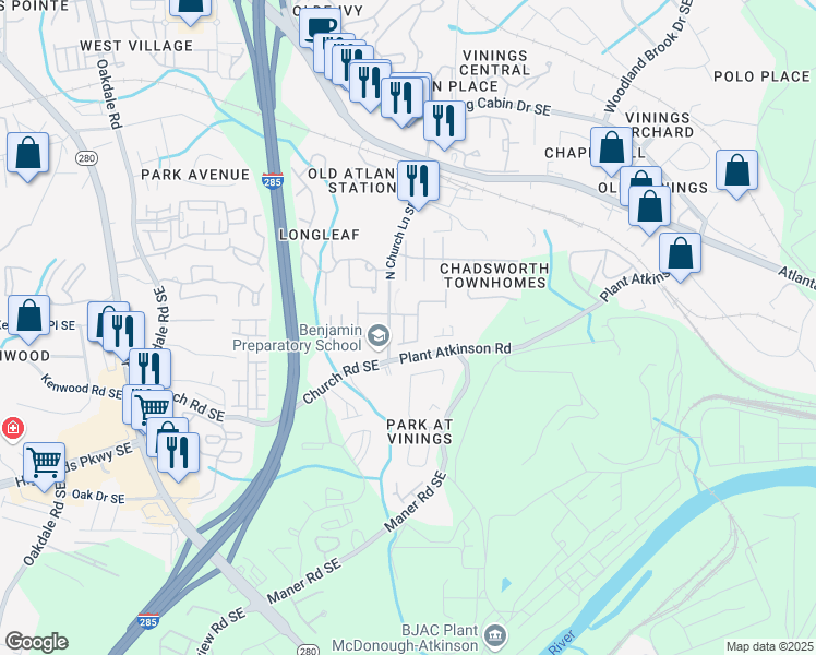 map of restaurants, bars, coffee shops, grocery stores, and more near 5087 Leeshire Trail Southeast in Atlanta