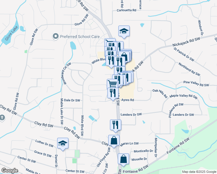 map of restaurants, bars, coffee shops, grocery stores, and more near 917 Joseph Club Drive in Mableton