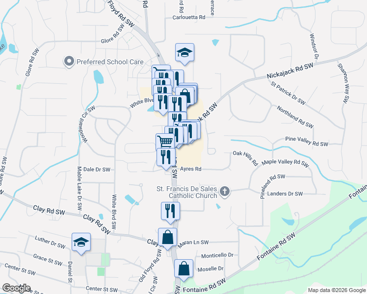 map of restaurants, bars, coffee shops, grocery stores, and more near 5015 Floyd Road Southwest in Mableton