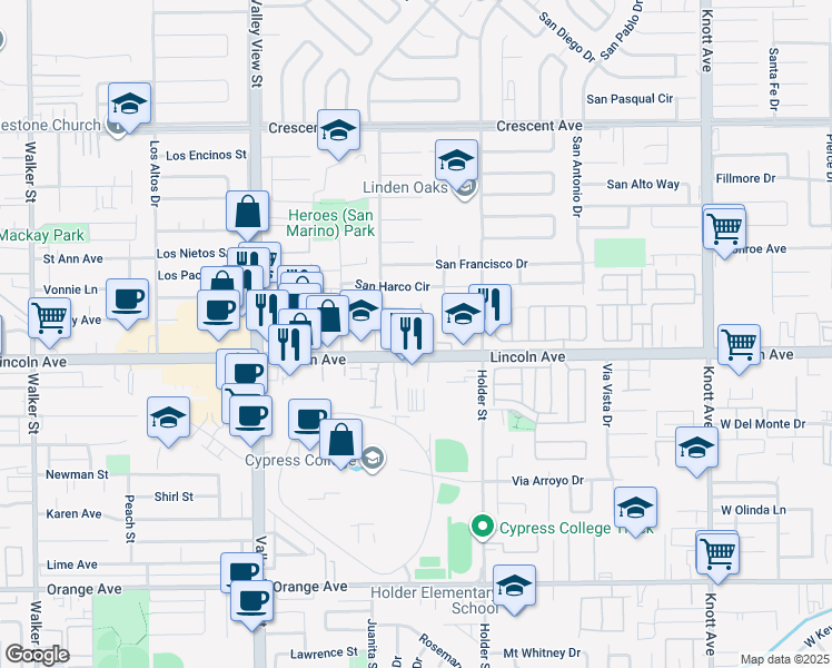 map of restaurants, bars, coffee shops, grocery stores, and more near 6343 Lincoln Avenue in Buena Park
