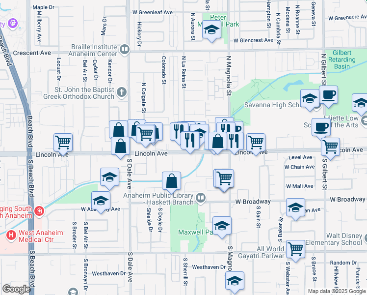 map of restaurants, bars, coffee shops, grocery stores, and more near 2673 West Lincoln Avenue in Anaheim