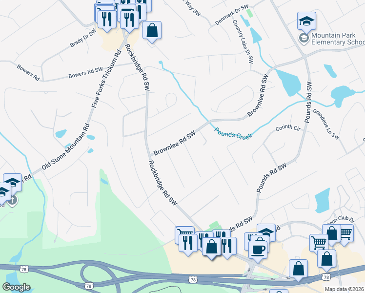 map of restaurants, bars, coffee shops, grocery stores, and more near 5436 Brownlee Road Southwest in Stone Mountain