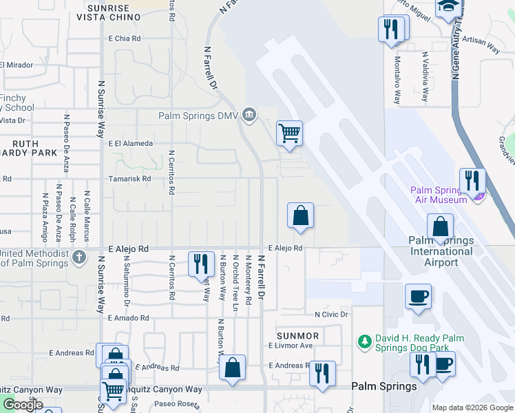 map of restaurants, bars, coffee shops, grocery stores, and more near 623 North Farrell Drive in Palm Springs