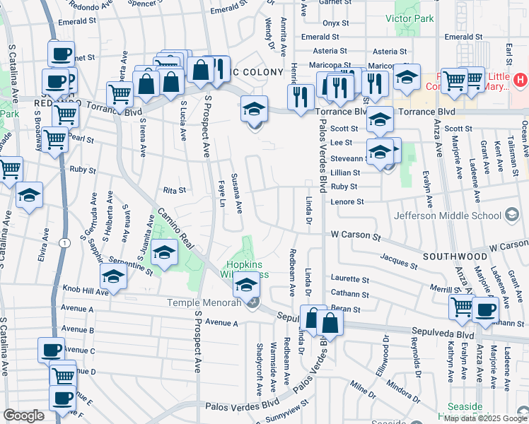 map of restaurants, bars, coffee shops, grocery stores, and more near 5618 Ruby Place in Torrance