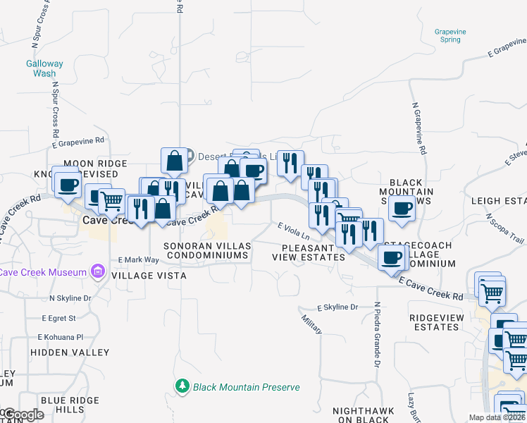 map of restaurants, bars, coffee shops, grocery stores, and more near 6525 East Cave Creek Road in Cave Creek