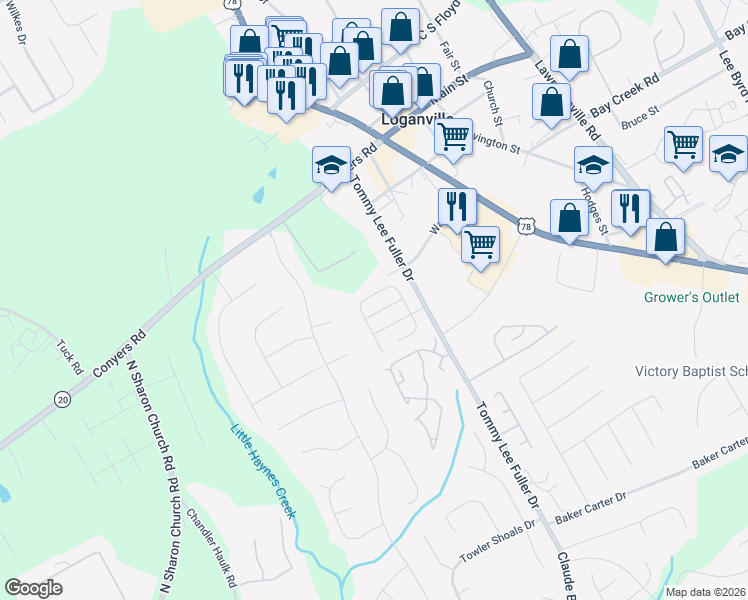 map of restaurants, bars, coffee shops, grocery stores, and more near 931 Village View Circle in Loganville