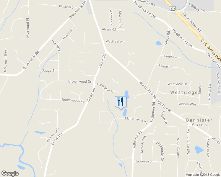 map of restaurants, bars, coffee shops, grocery stores, and more near 4924 Harrington Place in Powder Springs