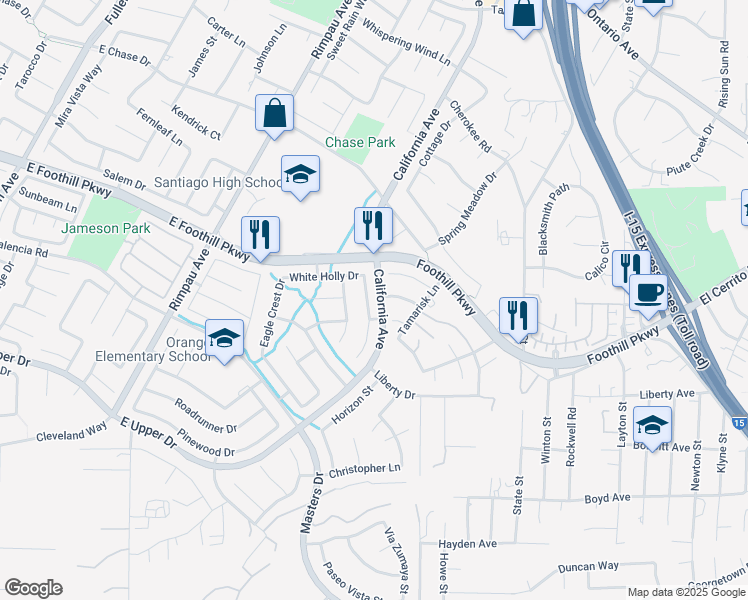 map of restaurants, bars, coffee shops, grocery stores, and more near 3247 Willow Park Drive in Corona