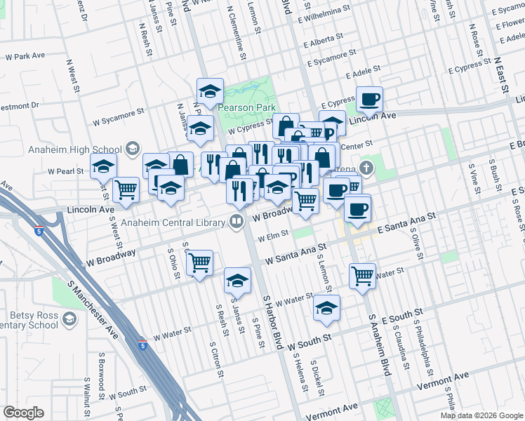 map of restaurants, bars, coffee shops, grocery stores, and more near 222 South Harbor Boulevard in Anaheim