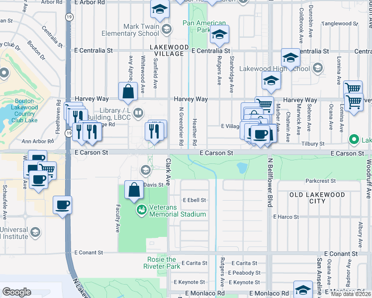 map of restaurants, bars, coffee shops, grocery stores, and more near 5133 East Carson Street in Long Beach