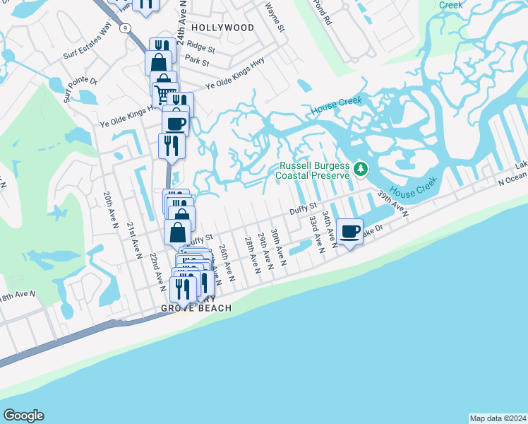 map of restaurants, bars, coffee shops, grocery stores, and more near 405 30th Ave N in North Myrtle Beach