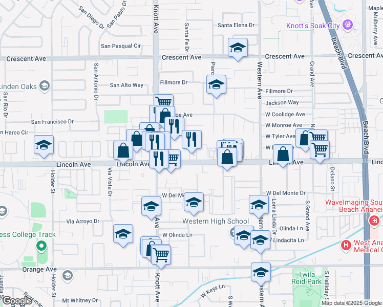 map of restaurants, bars, coffee shops, grocery stores, and more near 7151 West Lincoln Avenue in Buena Park