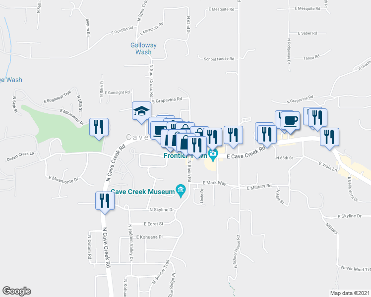 map of restaurants, bars, coffee shops, grocery stores, and more near 6148 East Cave Creek Road in Cave Creek