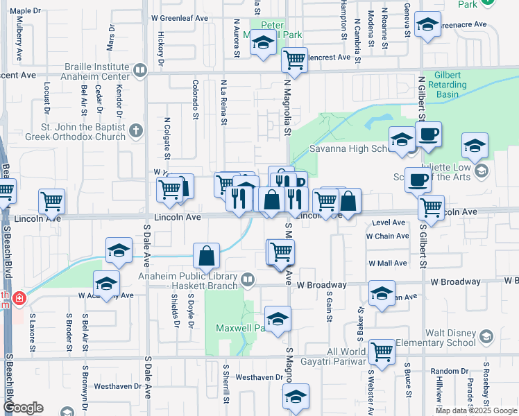 map of restaurants, bars, coffee shops, grocery stores, and more near 2641 West Lincoln Avenue in Anaheim