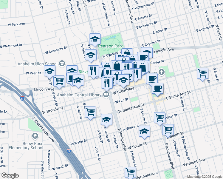 map of restaurants, bars, coffee shops, grocery stores, and more near 411 West Broadway in Anaheim