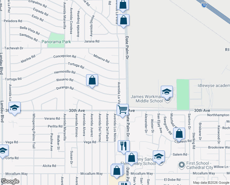 map of restaurants, bars, coffee shops, grocery stores, and more near 68922 Risueno Road in Cathedral City