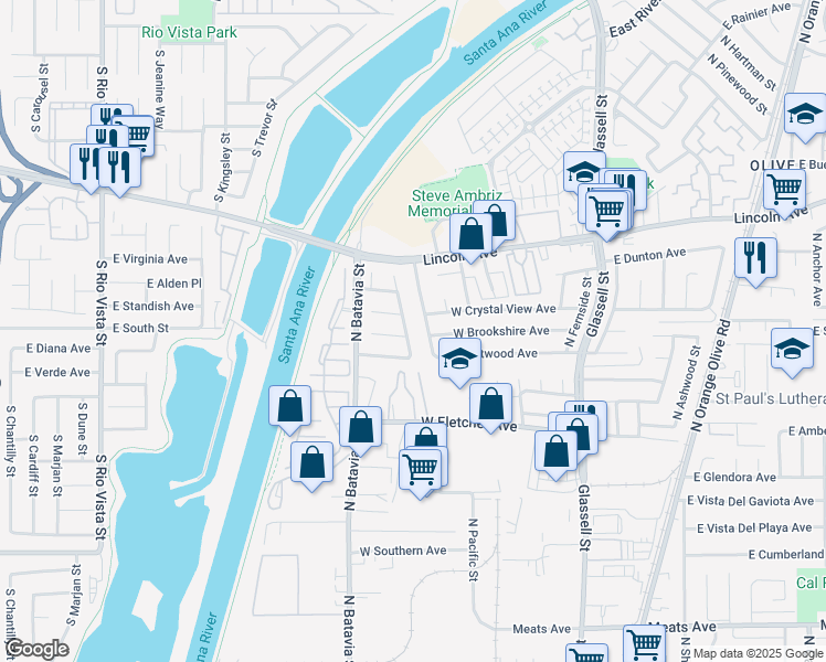 map of restaurants, bars, coffee shops, grocery stores, and more near 2651 North Kennedy Street in Orange