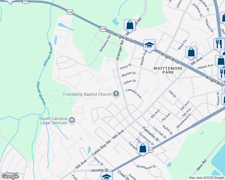 map of restaurants, bars, coffee shops, grocery stores, and more near 1210 Cherry Street in Conway