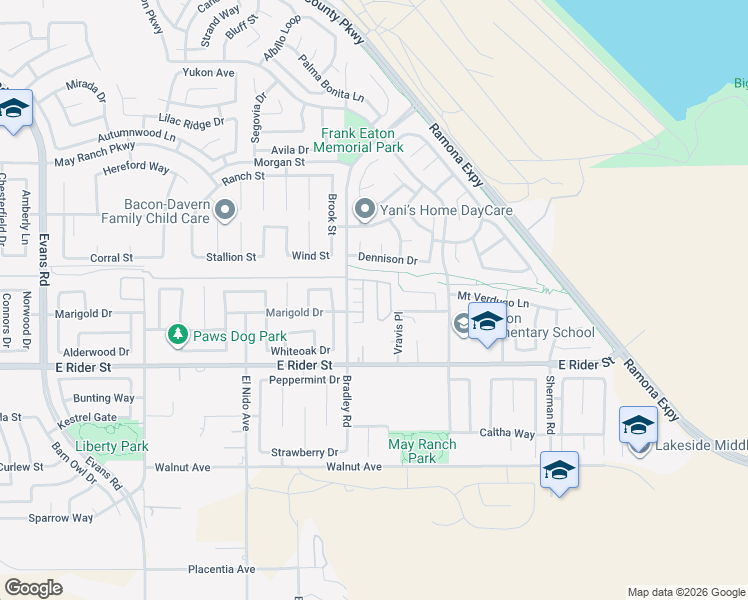 map of restaurants, bars, coffee shops, grocery stores, and more near 3356 Wind Chime Lane in Perris