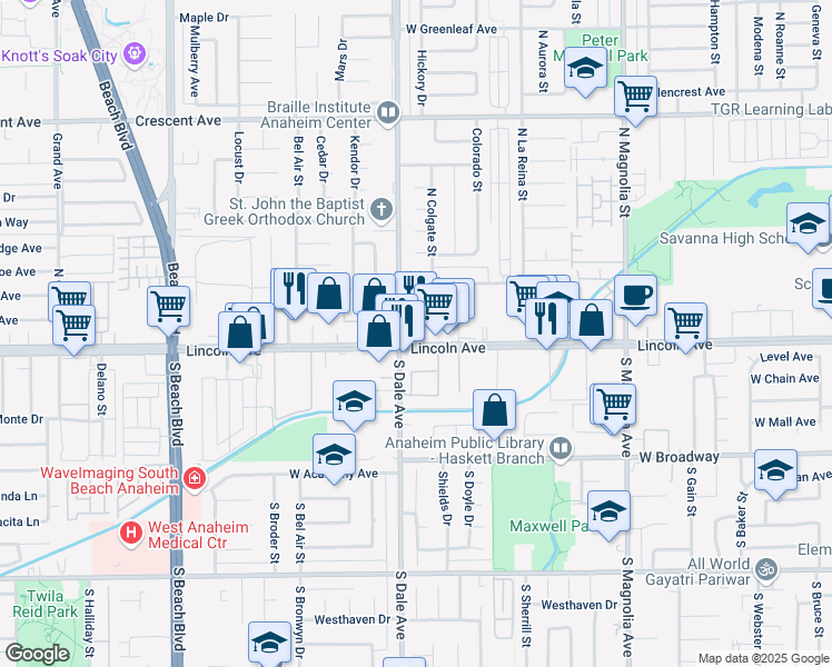 map of restaurants, bars, coffee shops, grocery stores, and more near in Anaheim