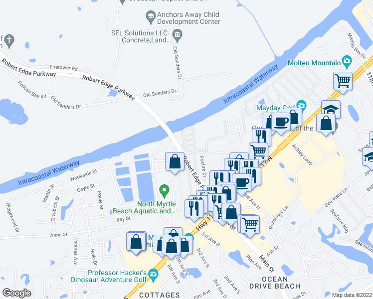 map of restaurants, bars, coffee shops, grocery stores, and more near 120 Riptide Circle in North Myrtle Beach