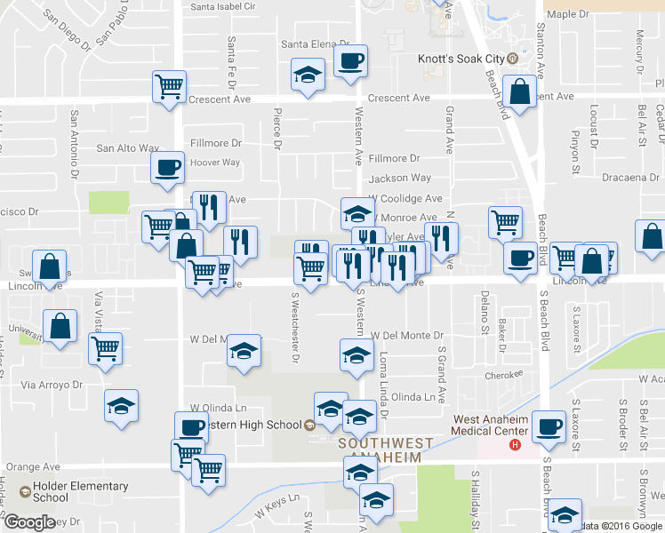 map of restaurants, bars, coffee shops, grocery stores, and more near 3231 West Lincoln Avenue in Anaheim