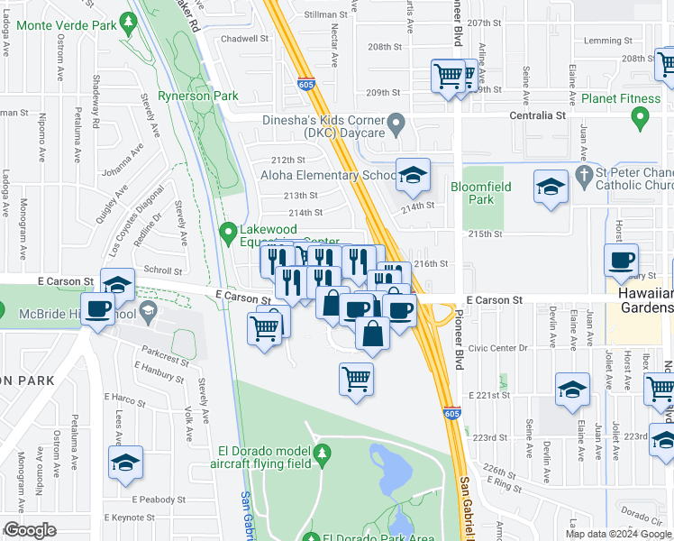 map of restaurants, bars, coffee shops, grocery stores, and more near 11518 216th Street in Lakewood