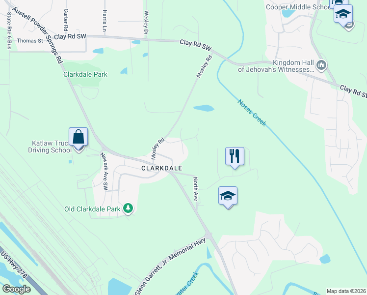 map of restaurants, bars, coffee shops, grocery stores, and more near 4883 Mosely Chase Way Southwest in Austell